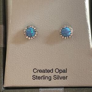Created Round Opal Studs with Halo CZ Set in Sterling Silver NIB